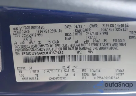 2013 Ford Escape Se z USA, uszkodzony, nr VIN 1FMCU9G92DUD67132